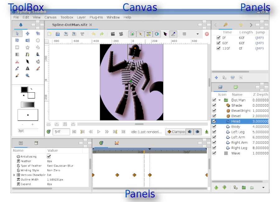 Default interface layout of Synfig Studio